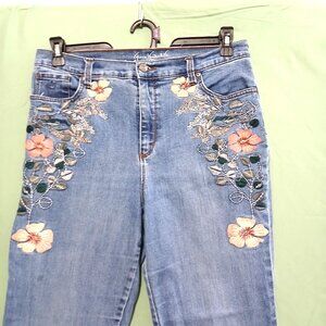 Gloria Vanderbilt Floral Embroidered Blue Jeans 14 Petite Amanda Stretch Denim